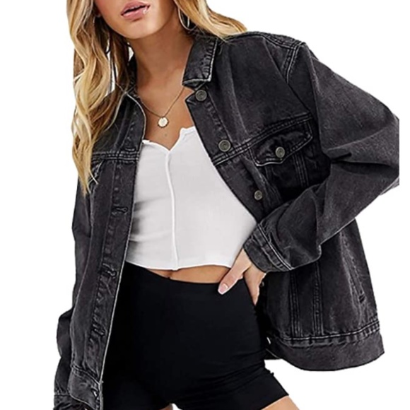 Black Denim Oversized Women's Boyfriend Jacket - Picture 1 of 4